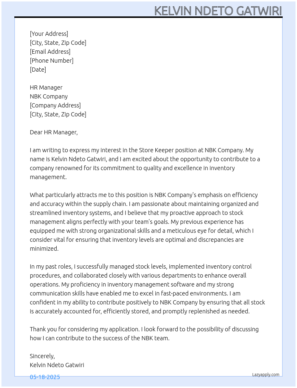 STORE KEEPER At NBK COMPANY Cover Letter