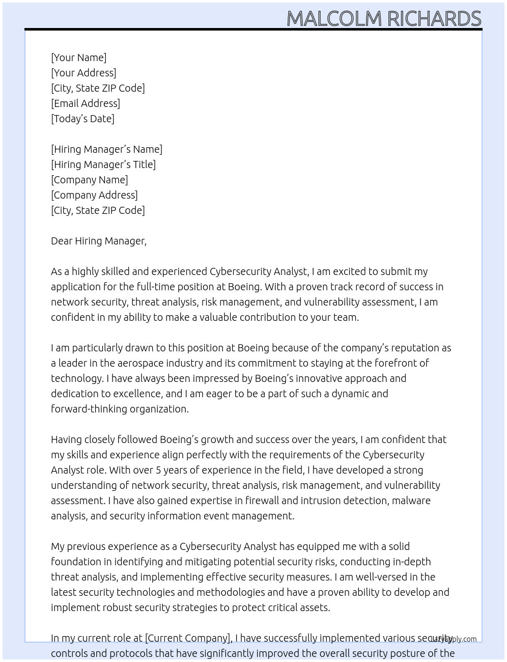 Cybersecurity Analyst At Boeing Cover Letter