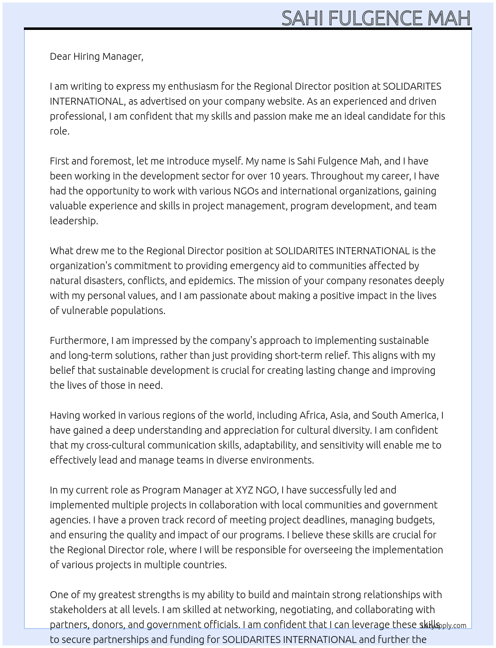 Regional Director At SOLIDARITES INTERNATIONAL Cover Letter