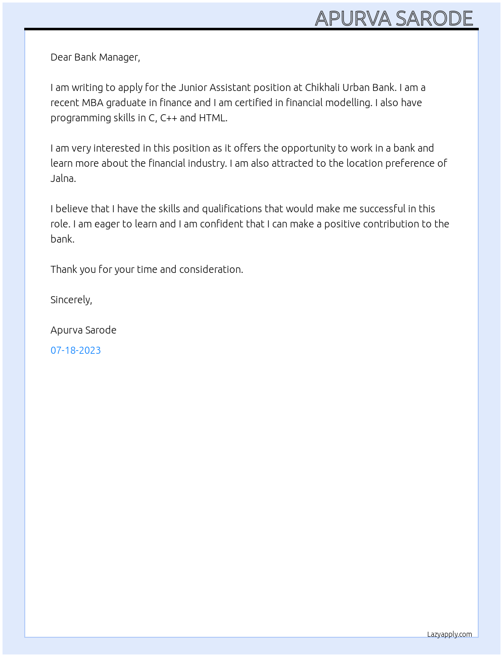 Junior assistant  At Chikhali urban bank Cover Letter