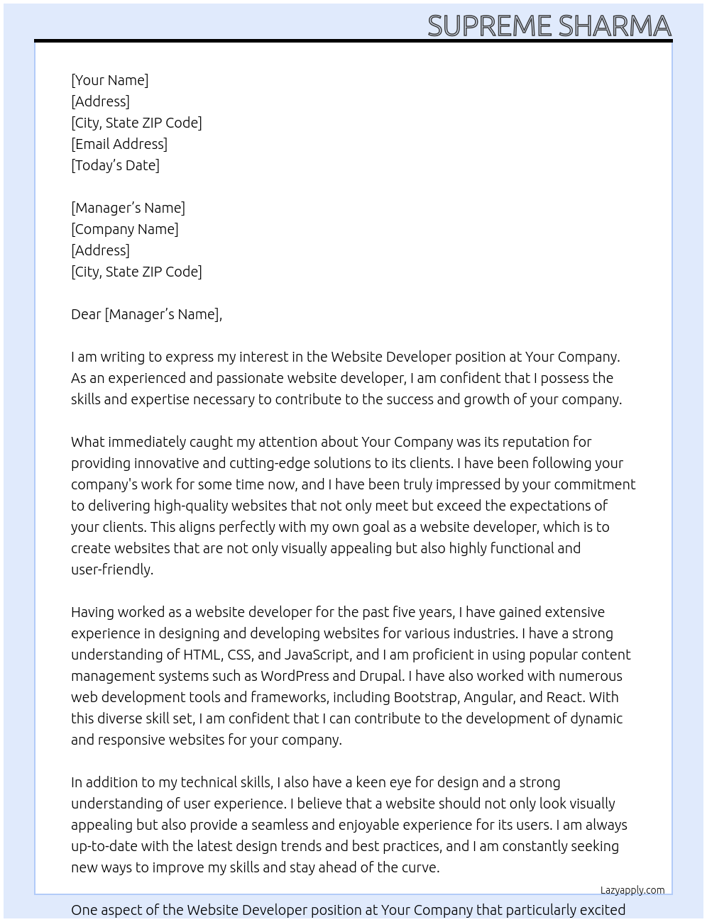 Website developer At Your company Cover Letter
