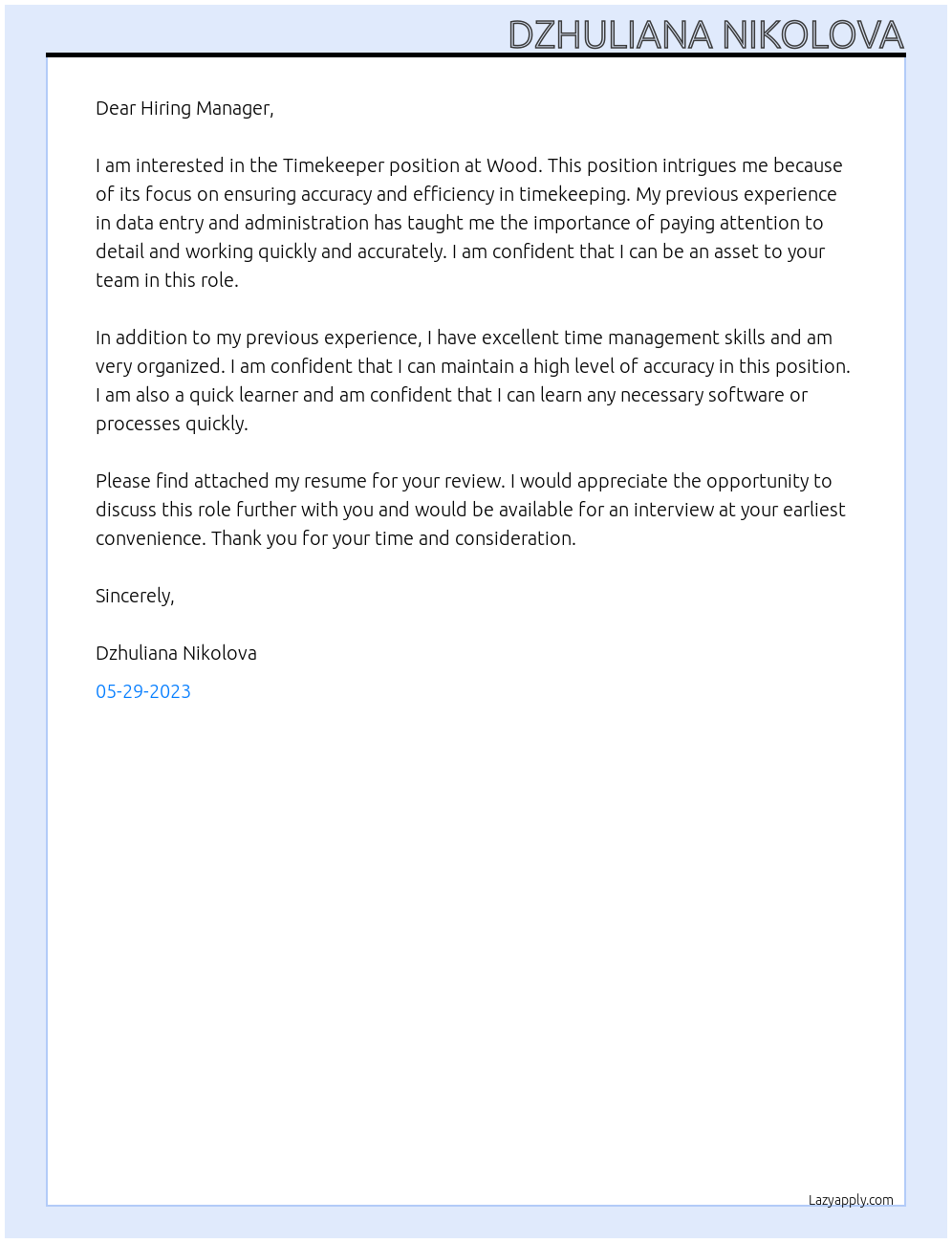 Timekeeper At Wood Cover Letter