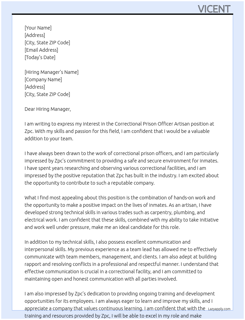 Cover letter for correctional prison officer artisan - LazyApply