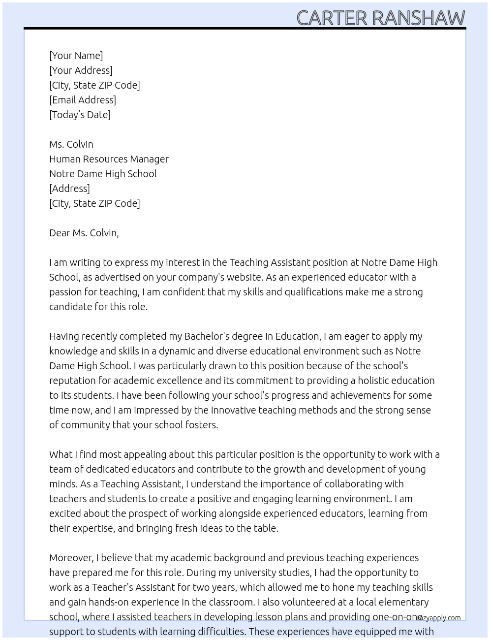 Teaching Assistant At Notre Dame High School Cover Letter