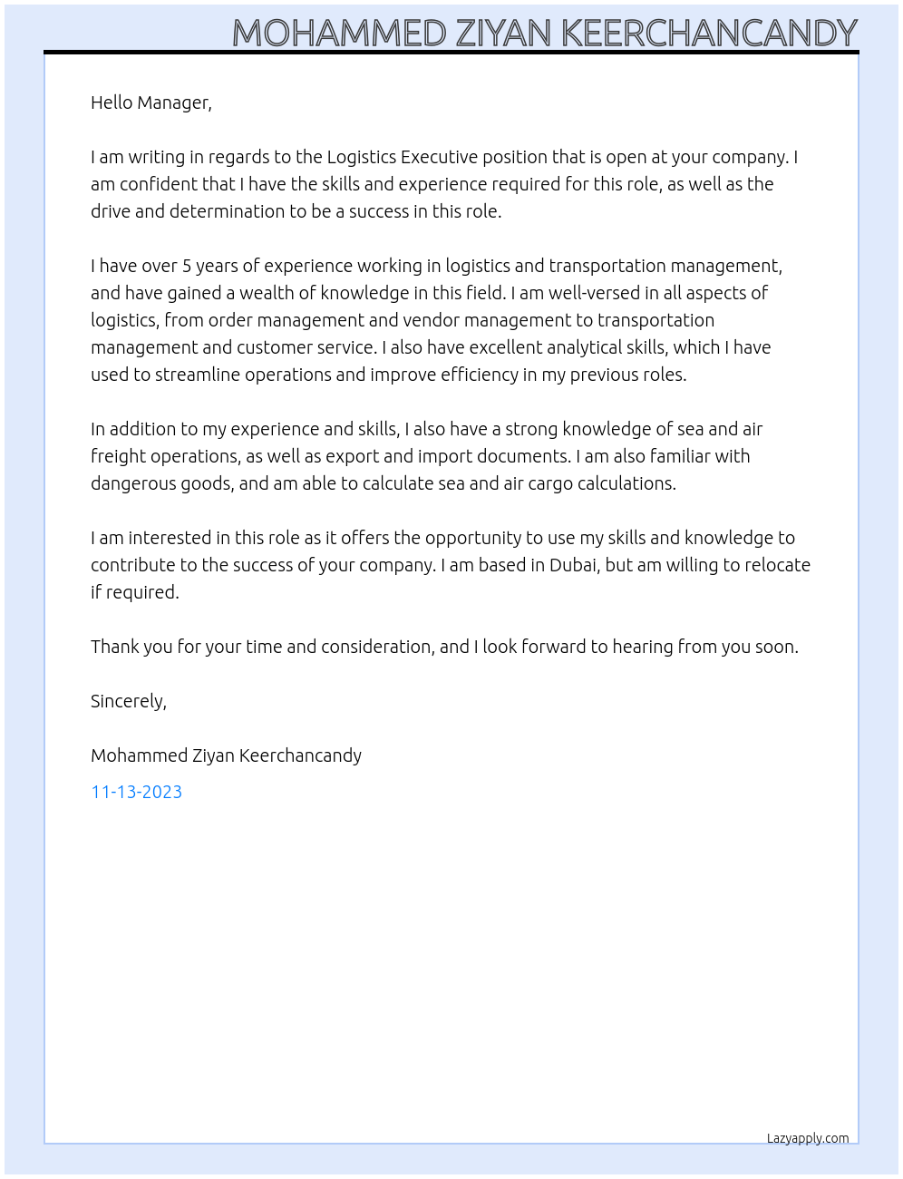 Logistics Executive At . Cover Letter