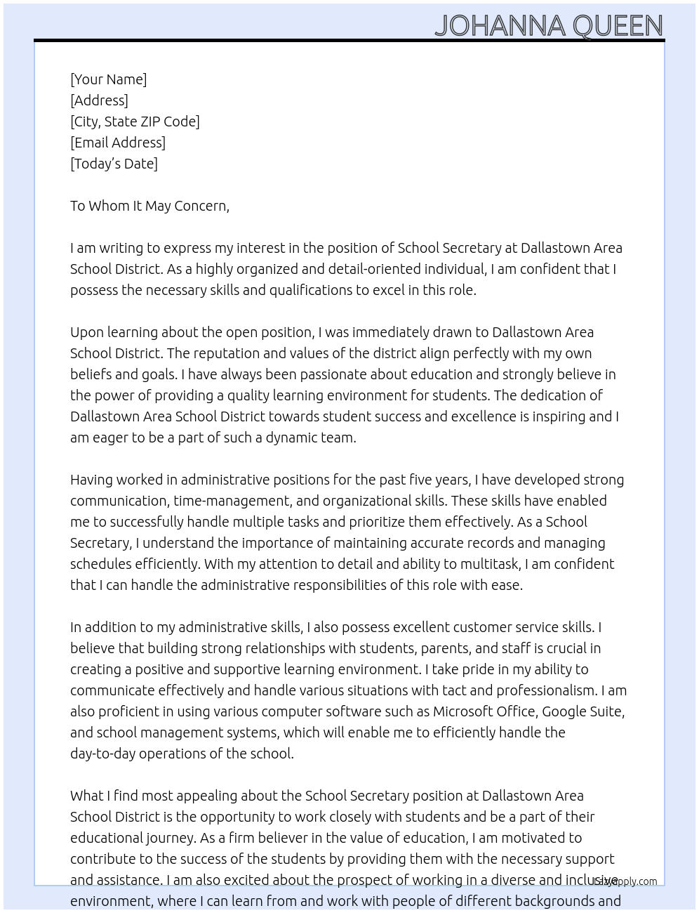 School Secretary At Dallastown Area School District Cover Letter