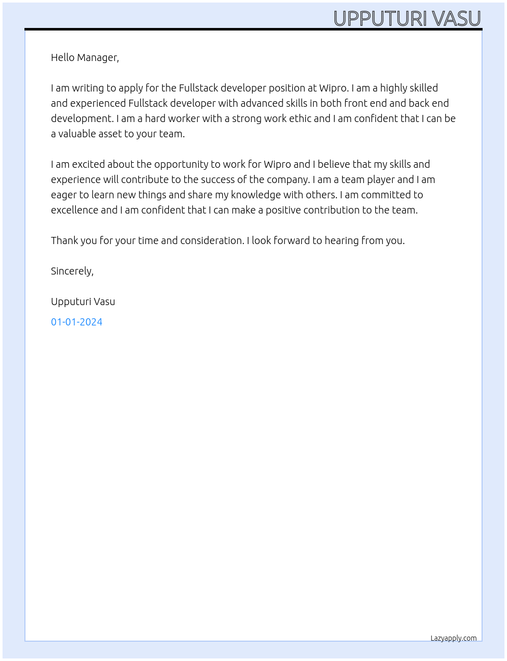 Fullstack developer At Wipro Cover Letter