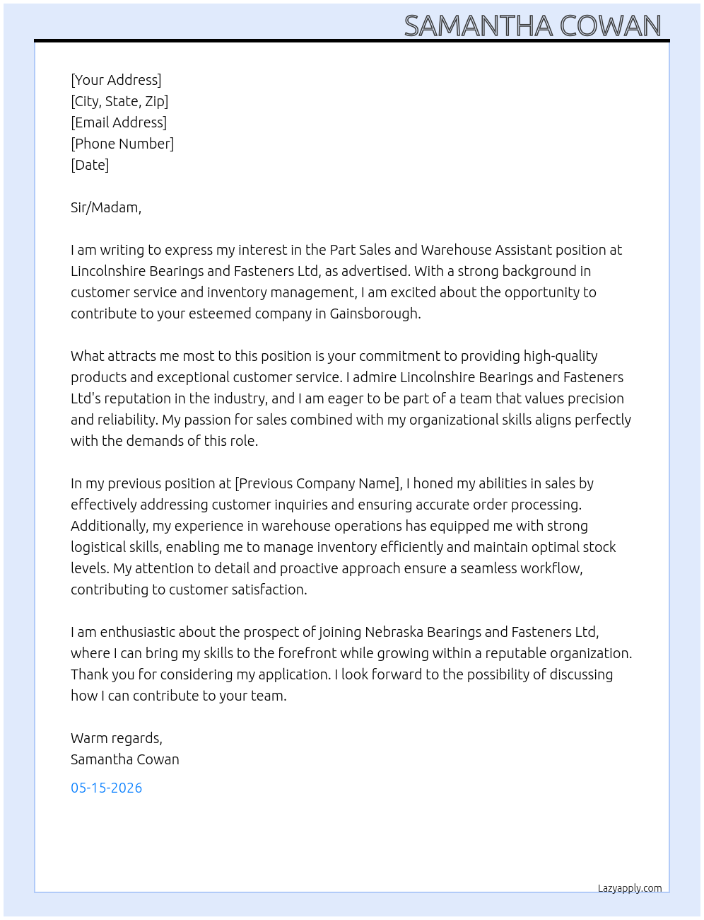 Cover letter for lincolnshire bearings and fasteners ltd - LazyApply