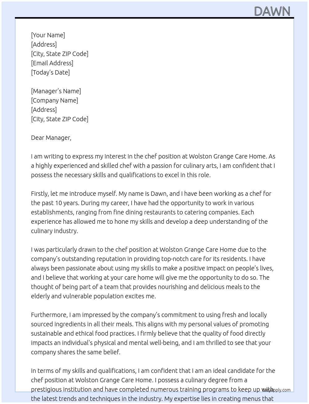 chef At wolston grange care home Cover Letter