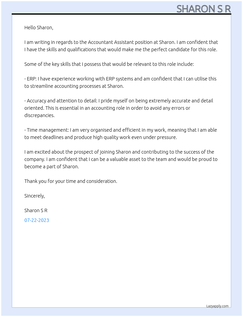 Accountant Assistant At Sharon Cover Letter