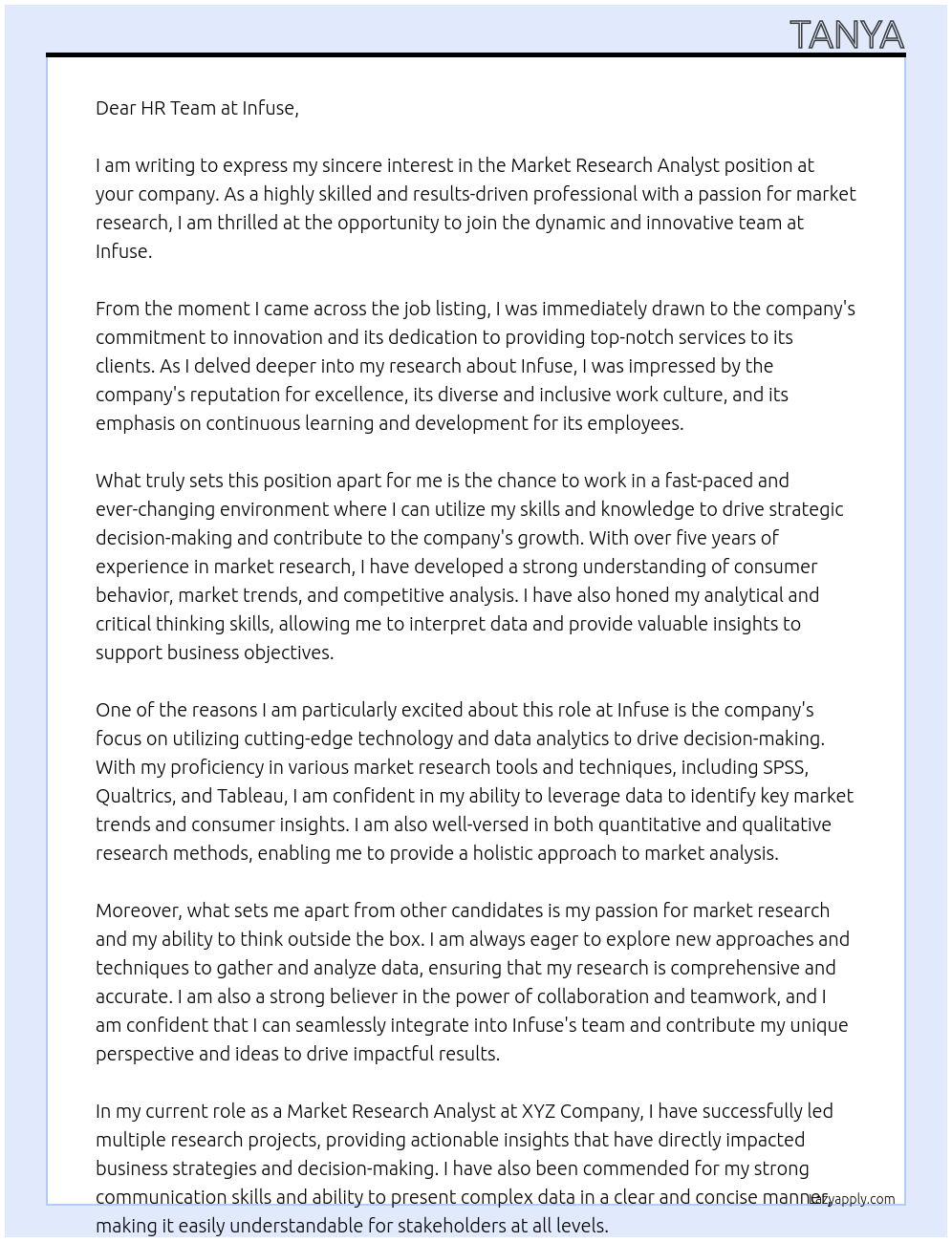 Market Research Analyst At Infuse Cover Letter