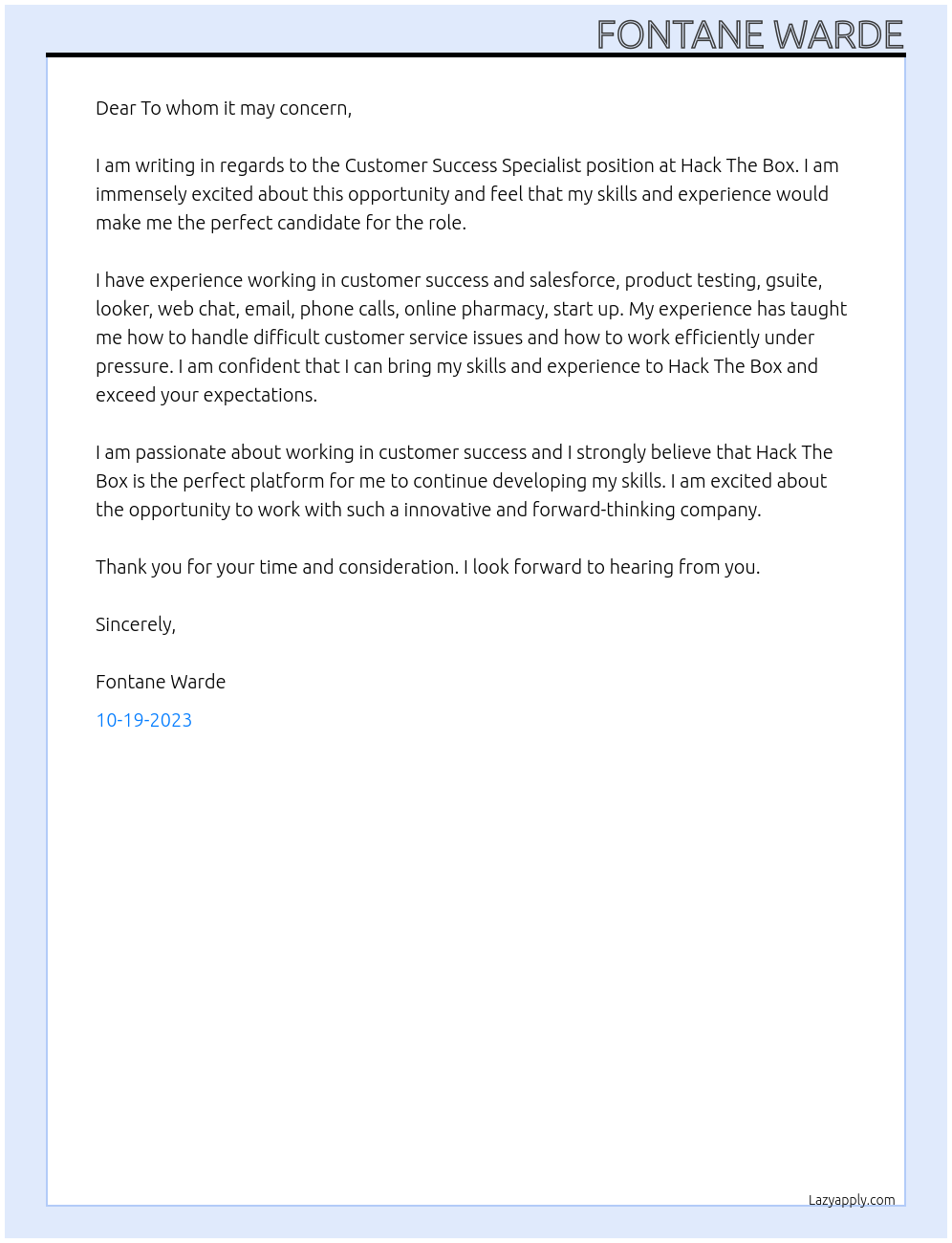 Customer Success Specialist At Hack The Box Cover Letter