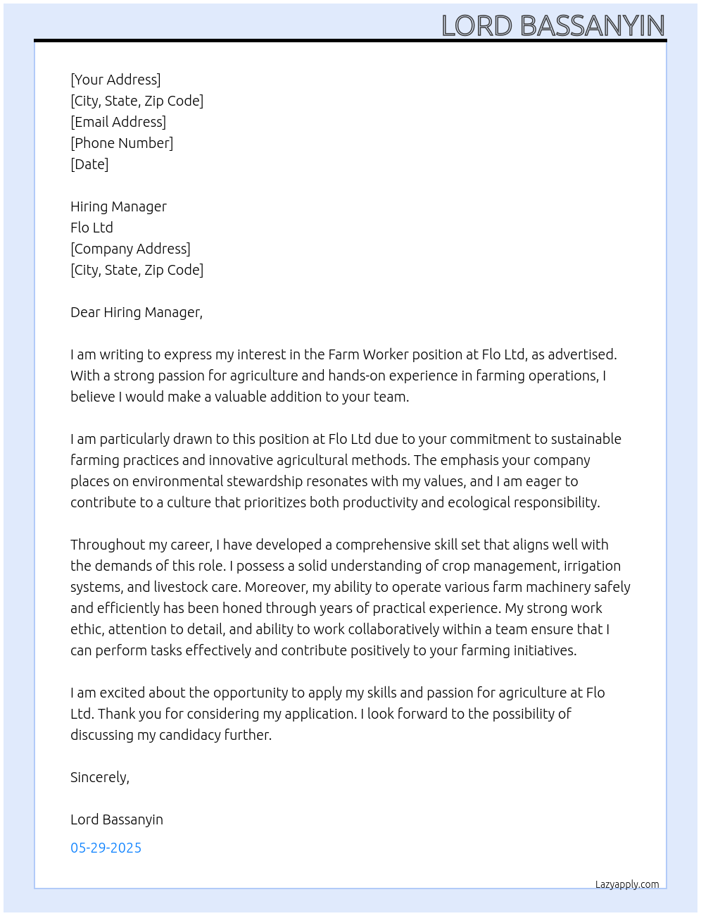 Farm worker At Flo ltd Cover Letter