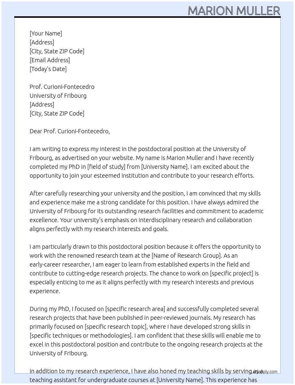 Postdoctoral position At University of Fribourg Cover Letter
