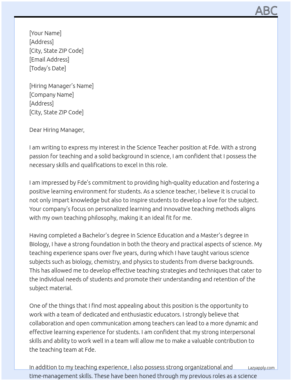 Science teacher  At Fde Cover Letter