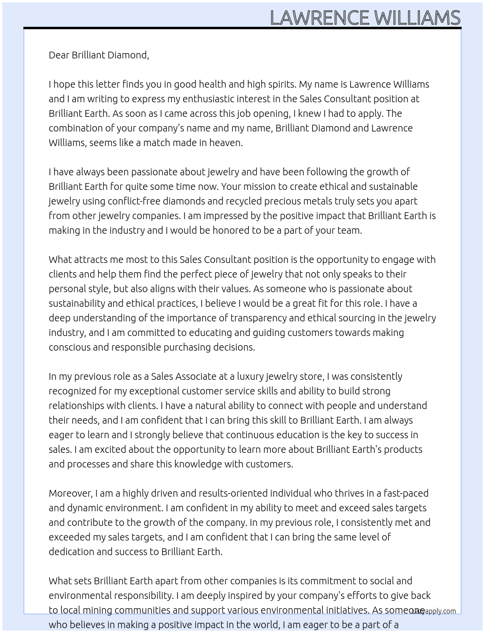 Sales Consultant At Brilliant Earth Cover Letter