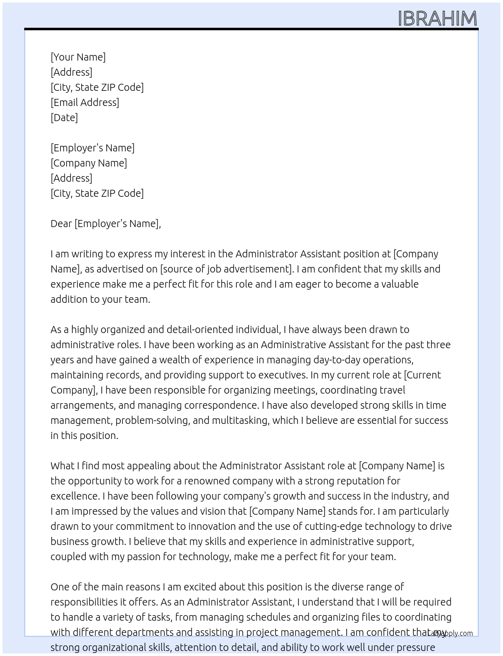 Administrator assistant At X Cover Letter