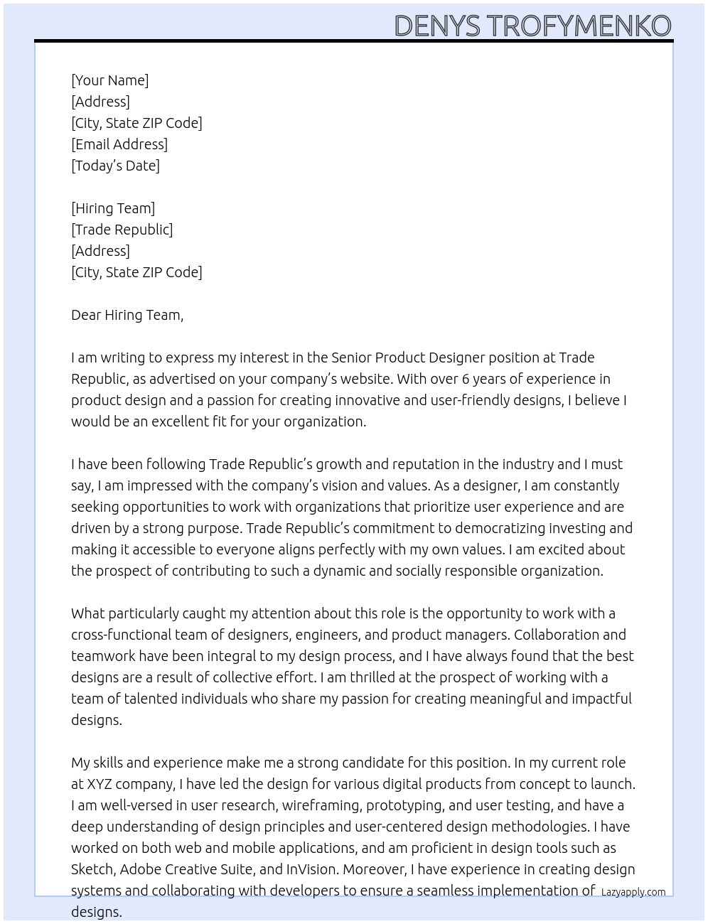 Senior Product Designer At Trade Republoic Cover Letter