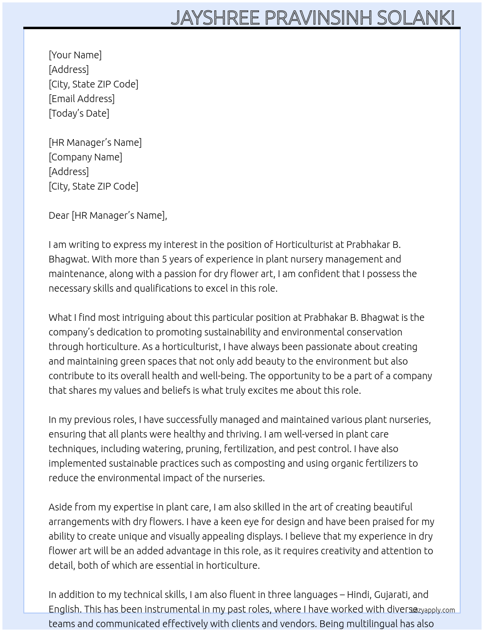 Horticulturist  At Prabhakar B. Bhagwat  Cover Letter