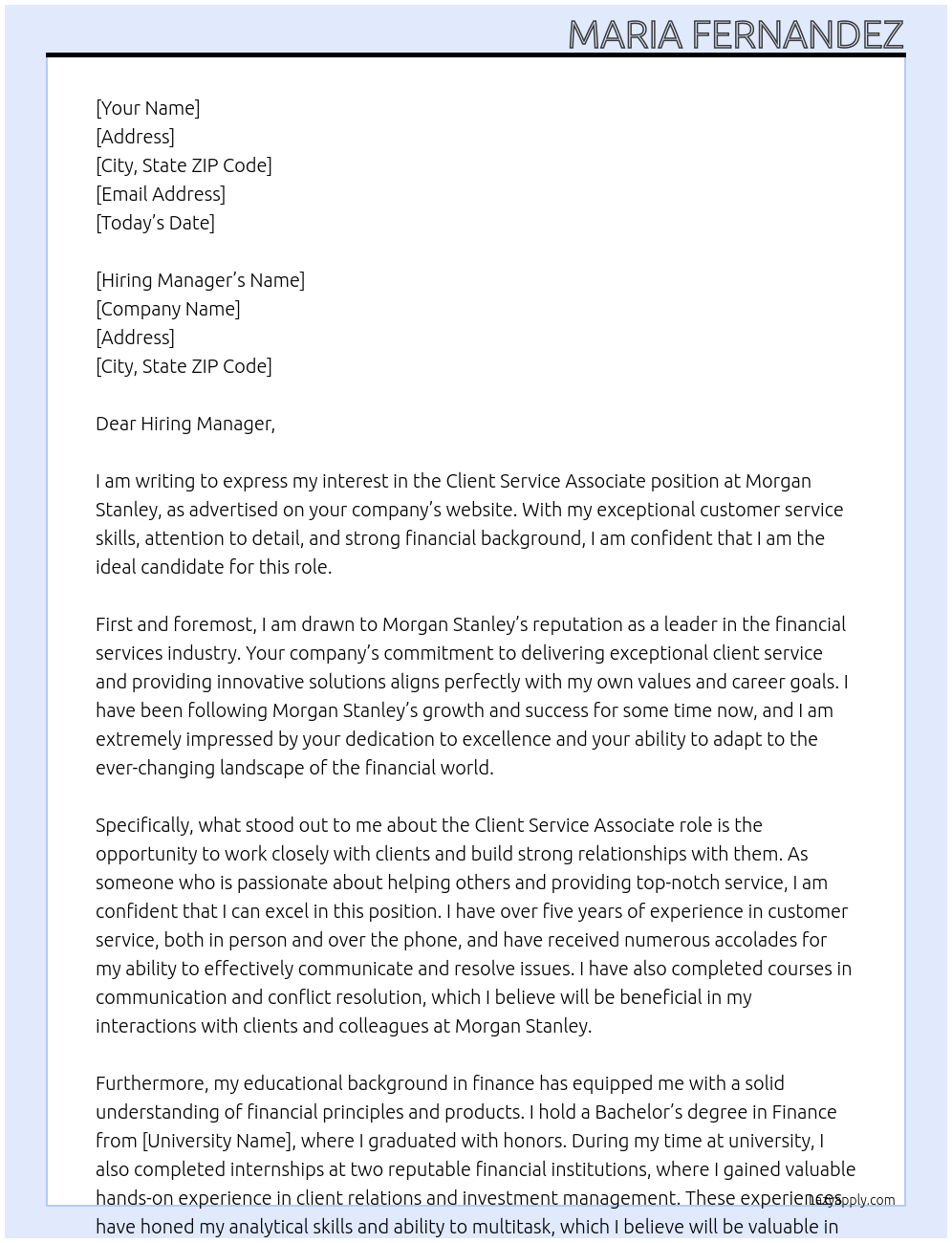 Client Service Associate At Morgan Stanley Cover Letter