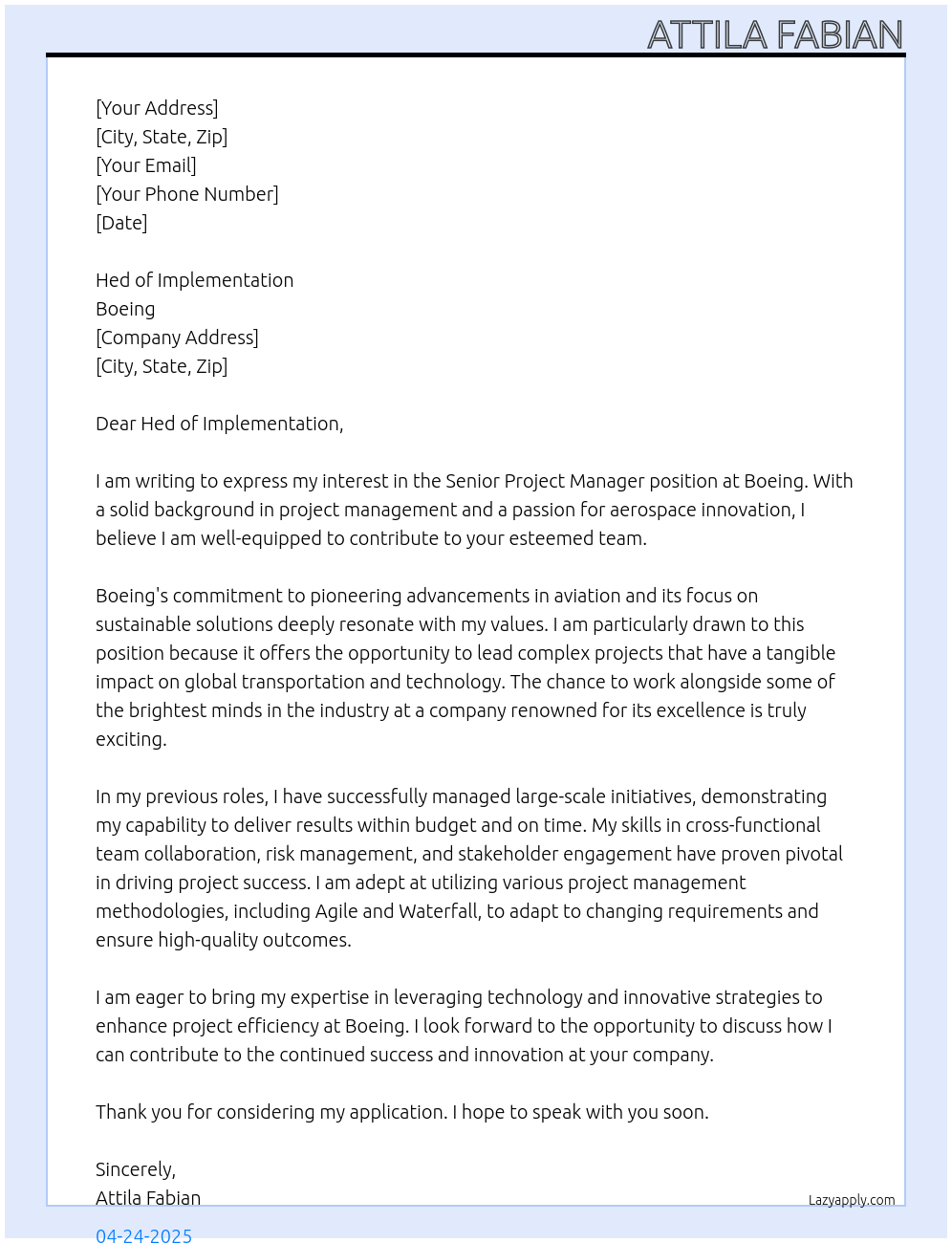 Senior Project Manager At Boeing Cover Letter