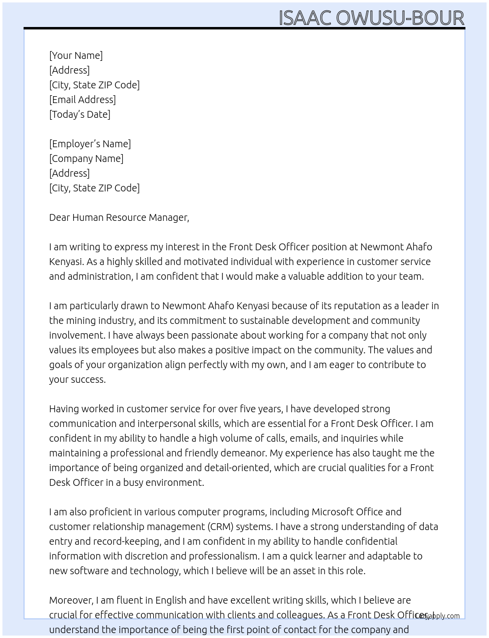 Front Desk Officer At Newmont Ahafo Kenyasi Cover Letter