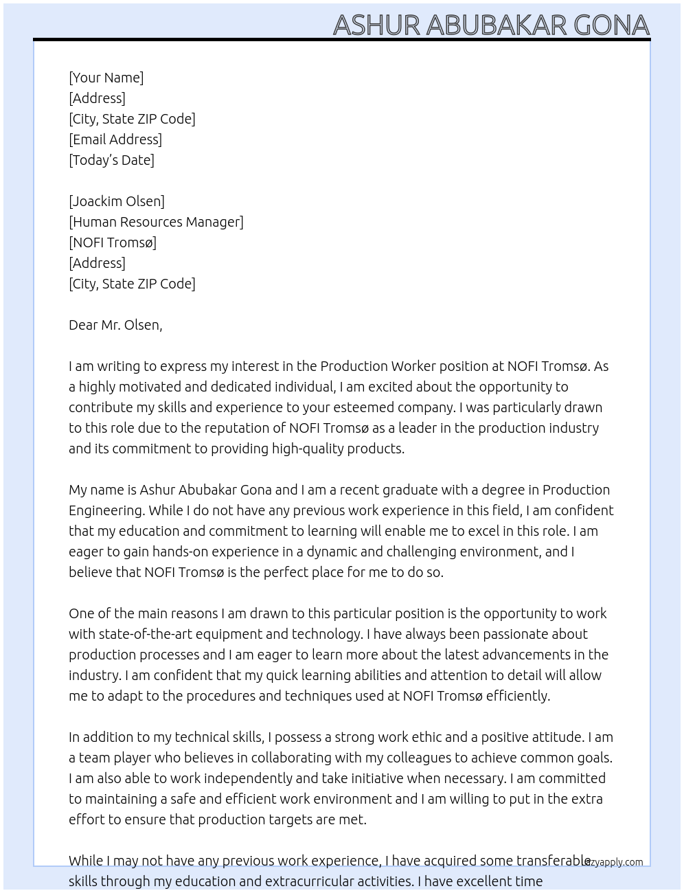 Production worker At NOFI Tromsø Cover Letter