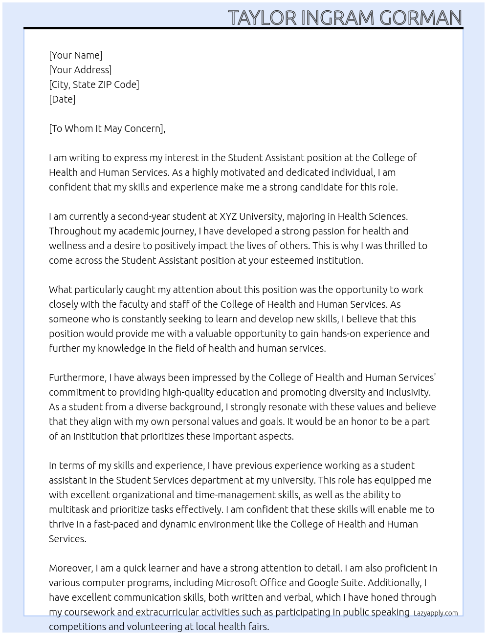 Student Assistant  At College of Health and Human Services  Cover Letter
