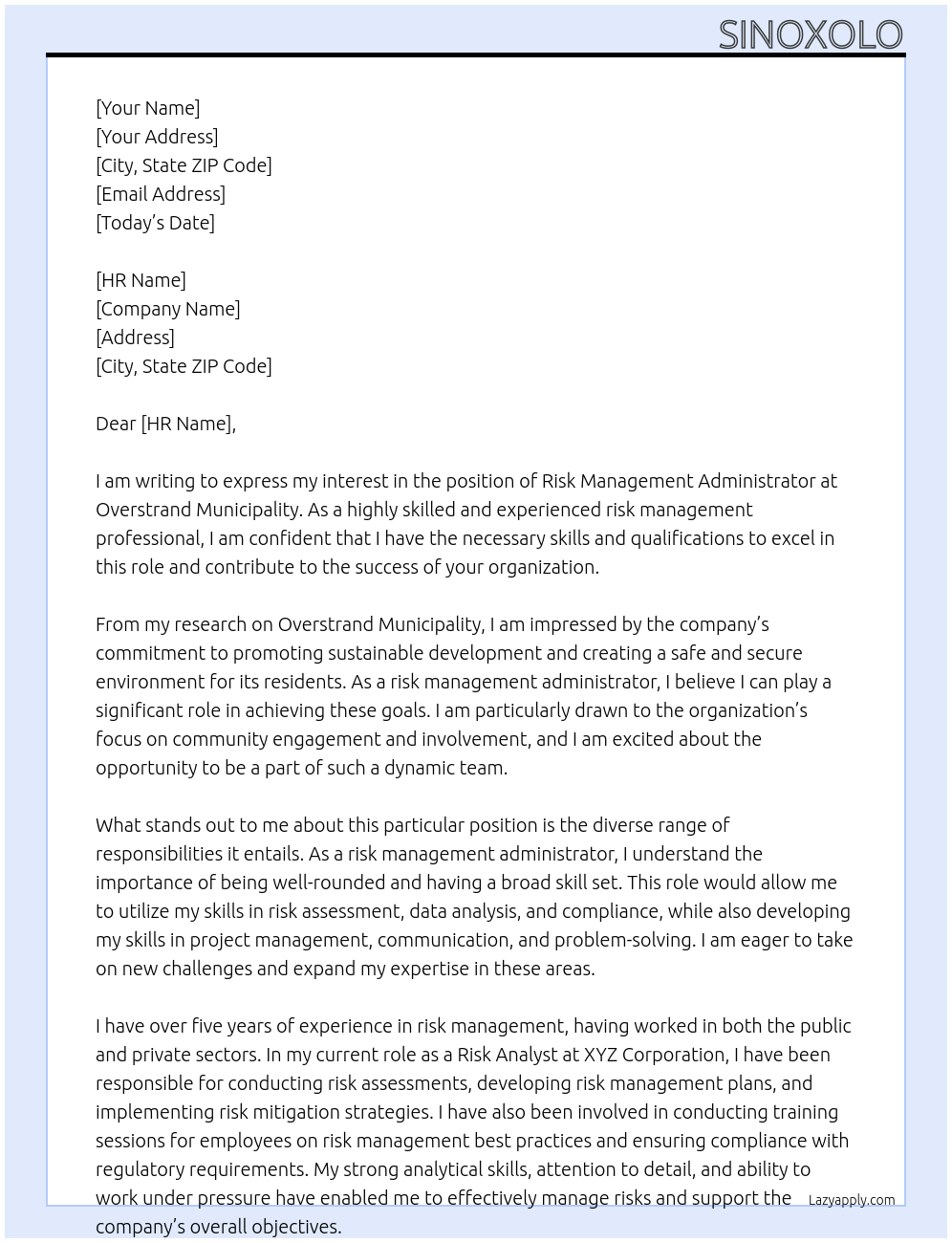 Cover letter for risk management administrator - LazyApply