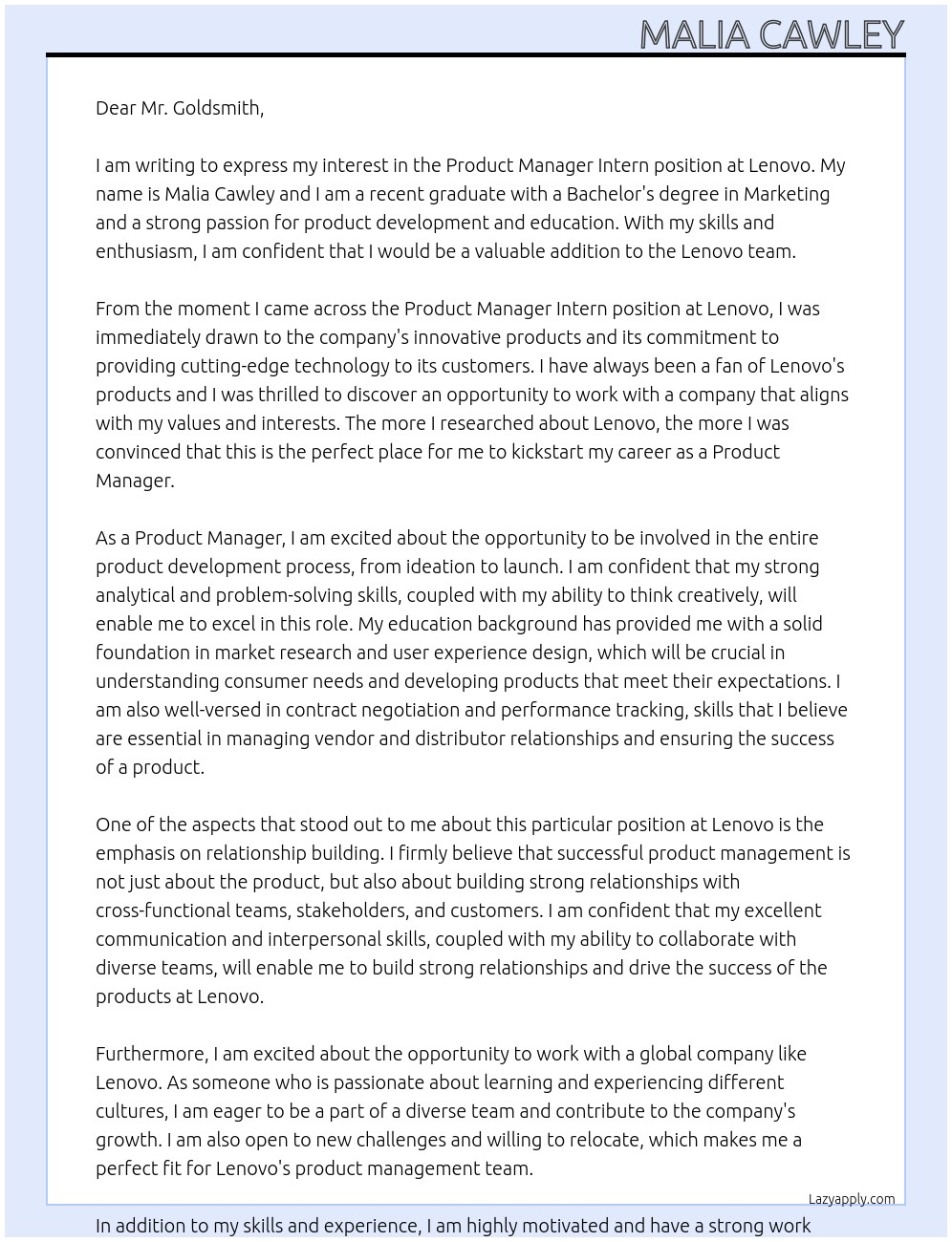 Product Manager Intern At Lenovo Cover Letter