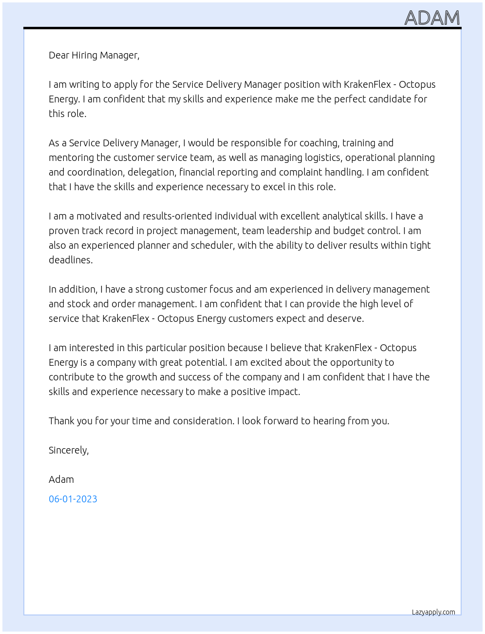 Service Delivery Manager At KRAKENFLEX - Octopus Energy Cover Letter