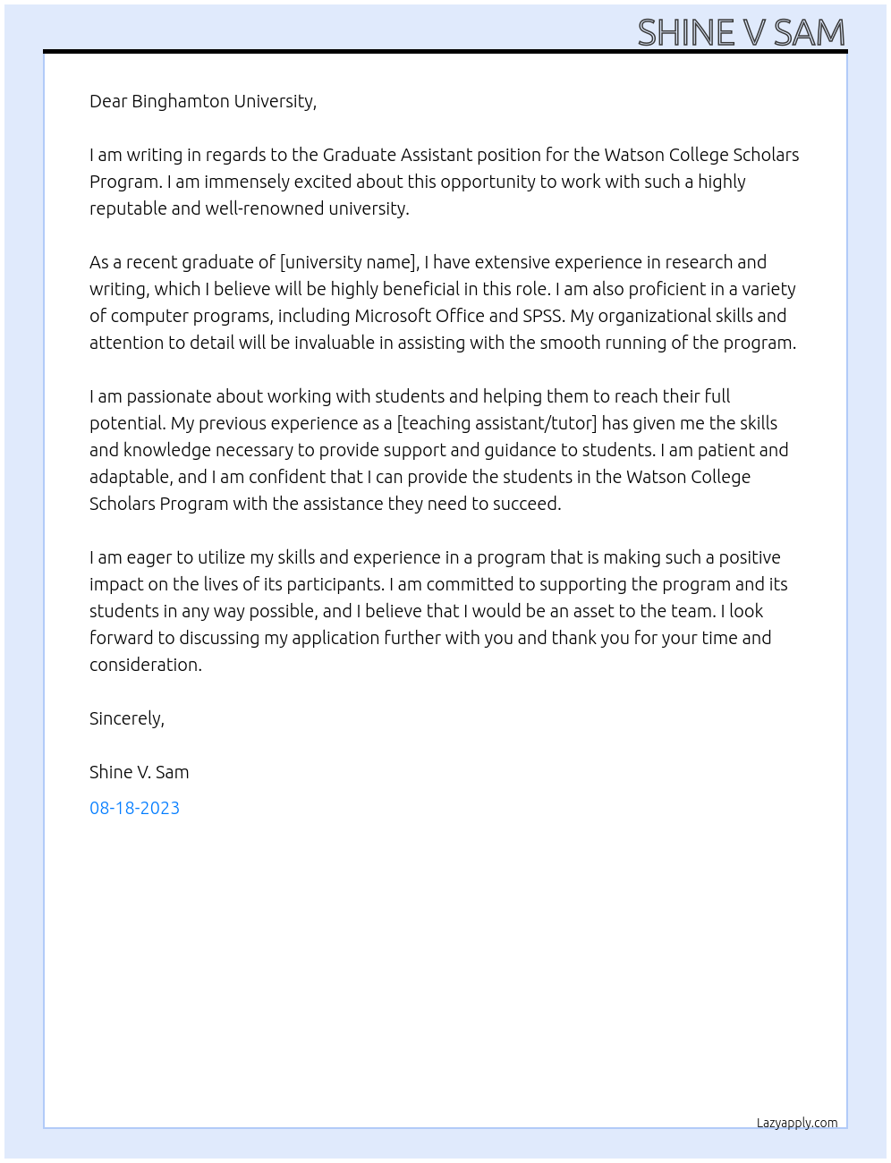 Graduate Assistant At Binghamton University Cover Letter