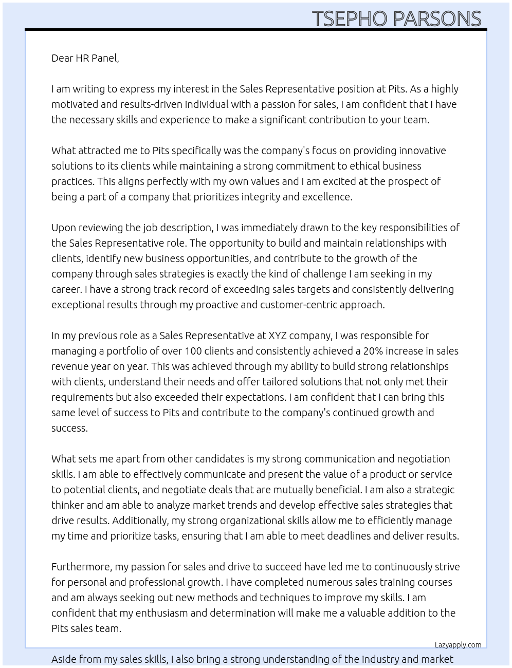 Sales rep At Pits Cover Letter
