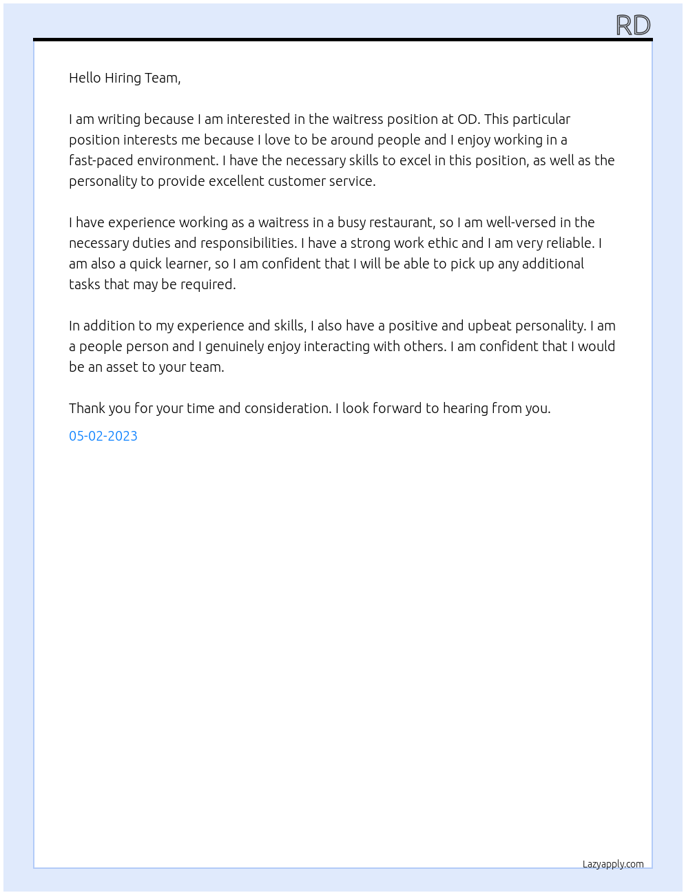 Waitresss At OD Cover Letter