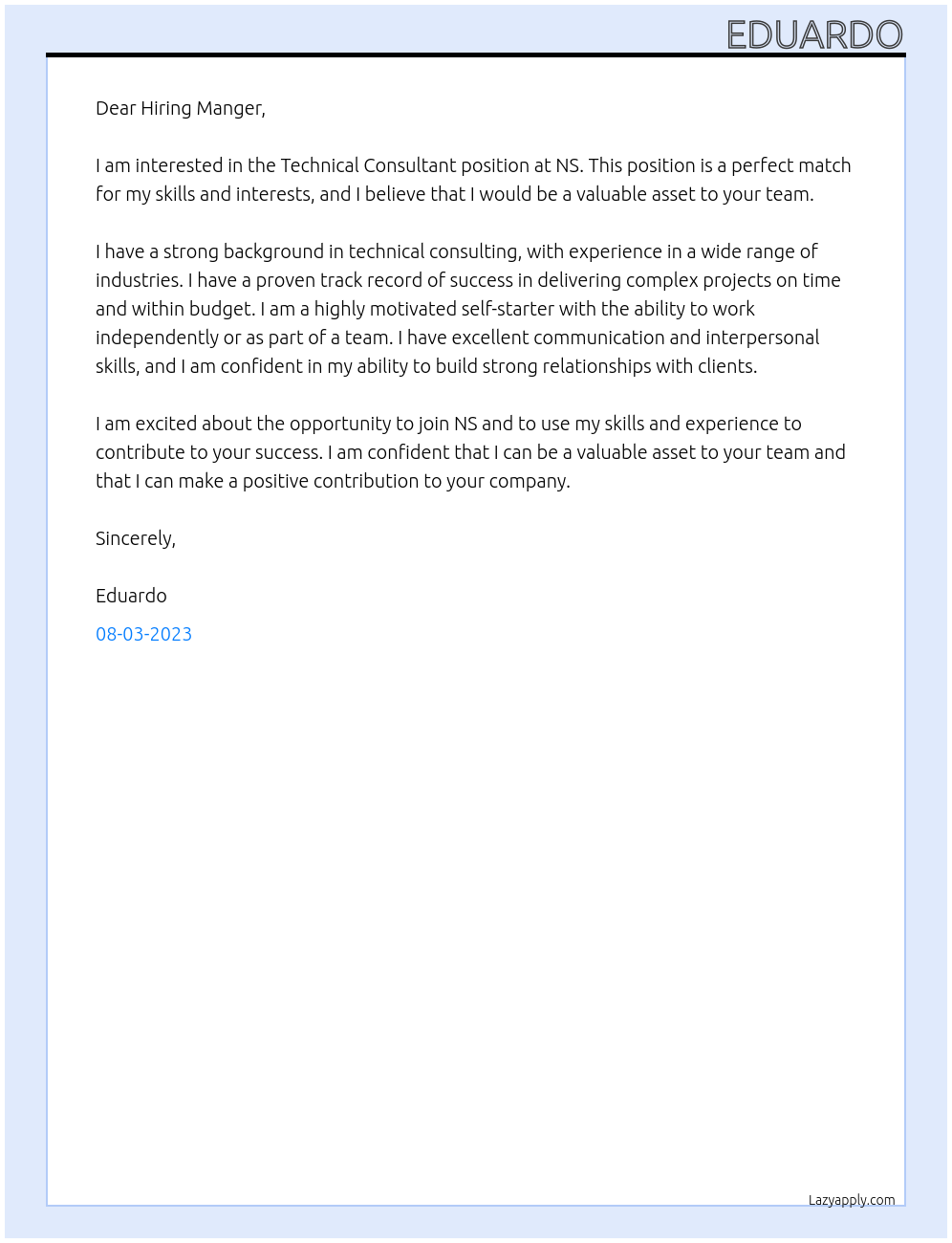 Technical Consultant At NS Cover Letter