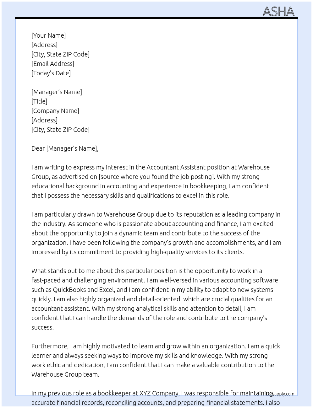 accountant assistant At Warehouse group Cover Letter