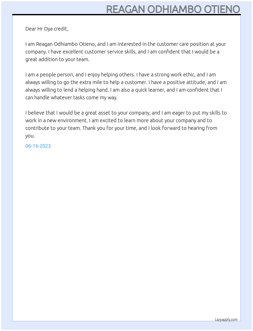 Customer care At Oya credit Cover Letter