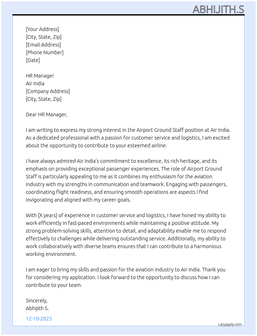 Airport ground staff At Air India Cover Letter