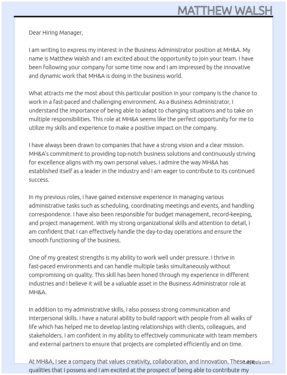 Business Administrator At MH&A Cover Letter
