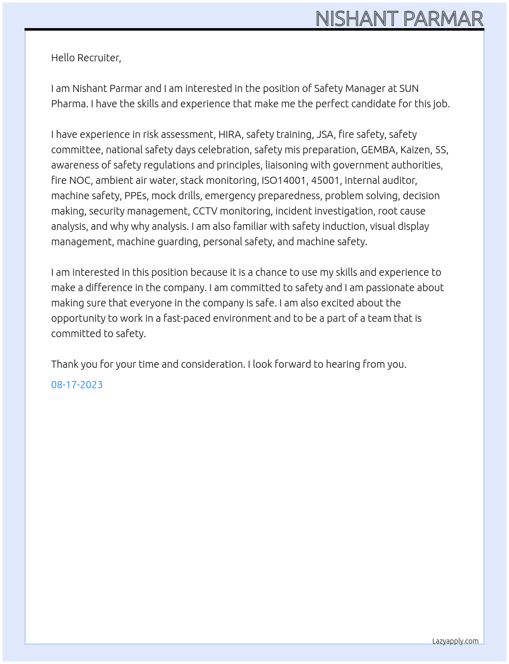 safety manager At SUN  PHARMA Cover Letter