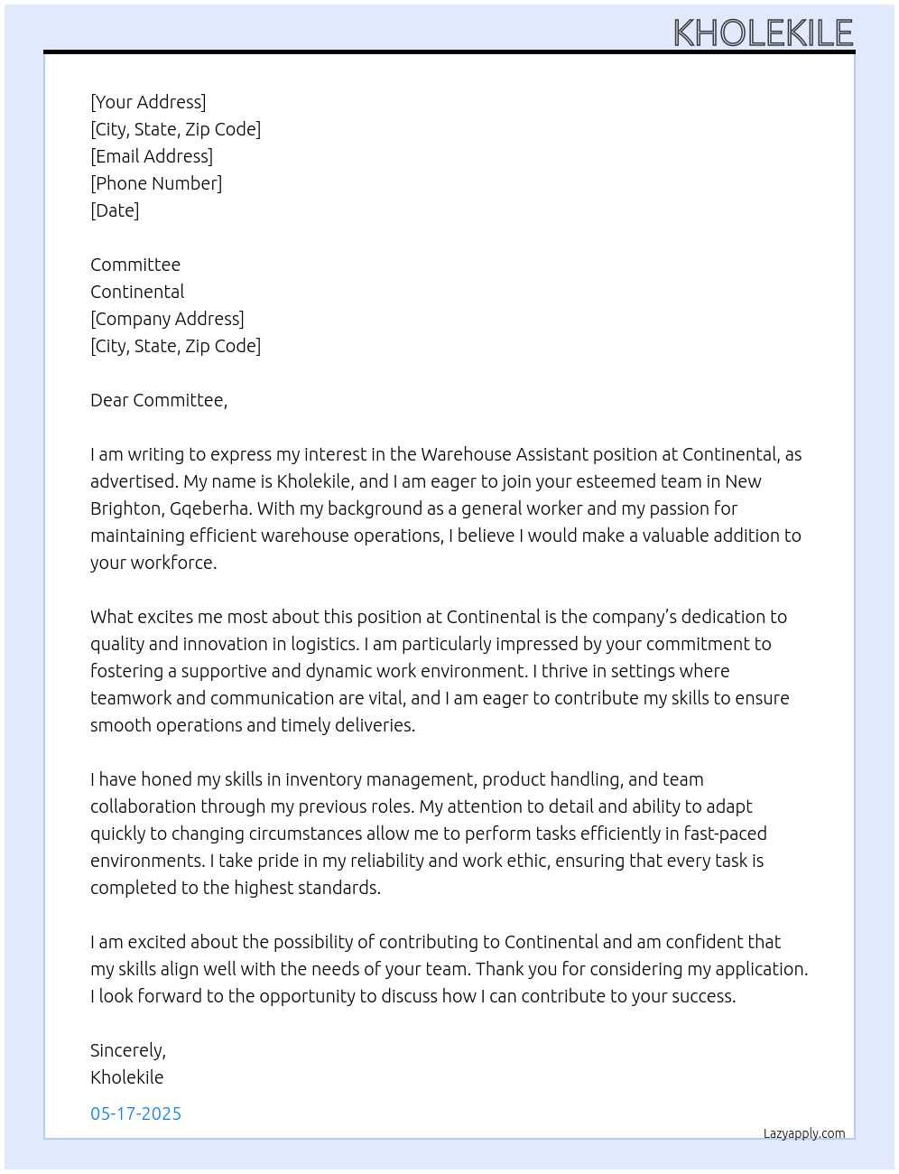 Warehouse assistant  At Continental  Cover Letter