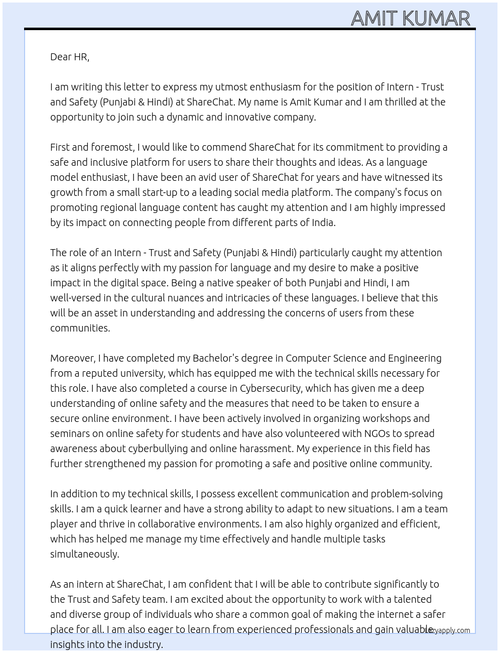 Intern - Trust and safety (Punjabi & Hindi) At ShareChat Cover Letter
