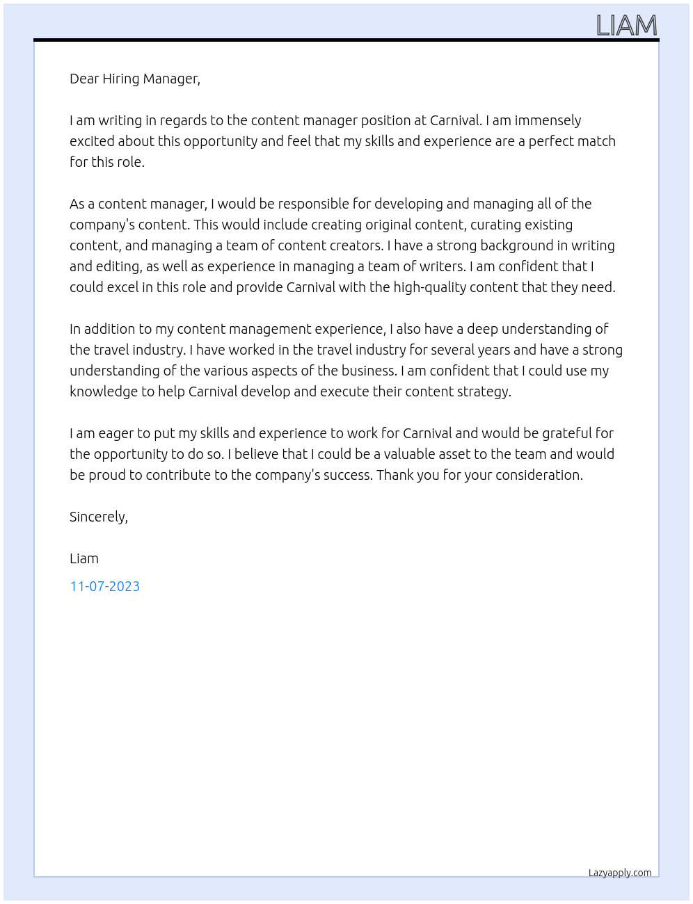 content manager At Carnival Cover Letter