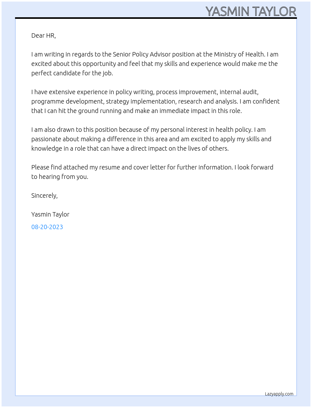 Senior Policy Advisor At Ministry of Health Cover Letter