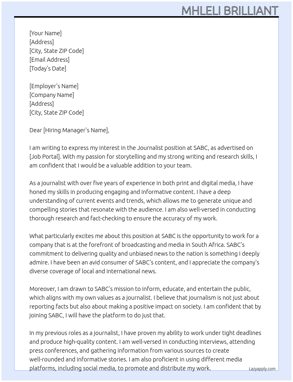 Journalist At SABC Cover Letter