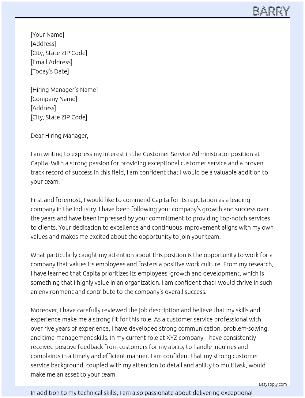 Customer service Administrator  At Capita Cover Letter