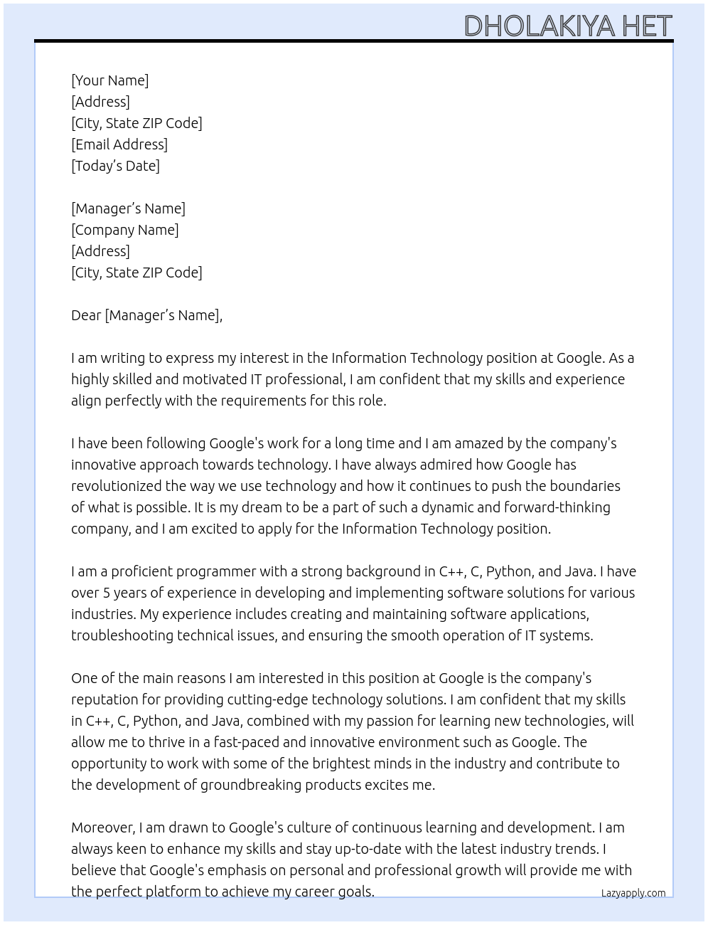 Information technology At Google Cover Letter