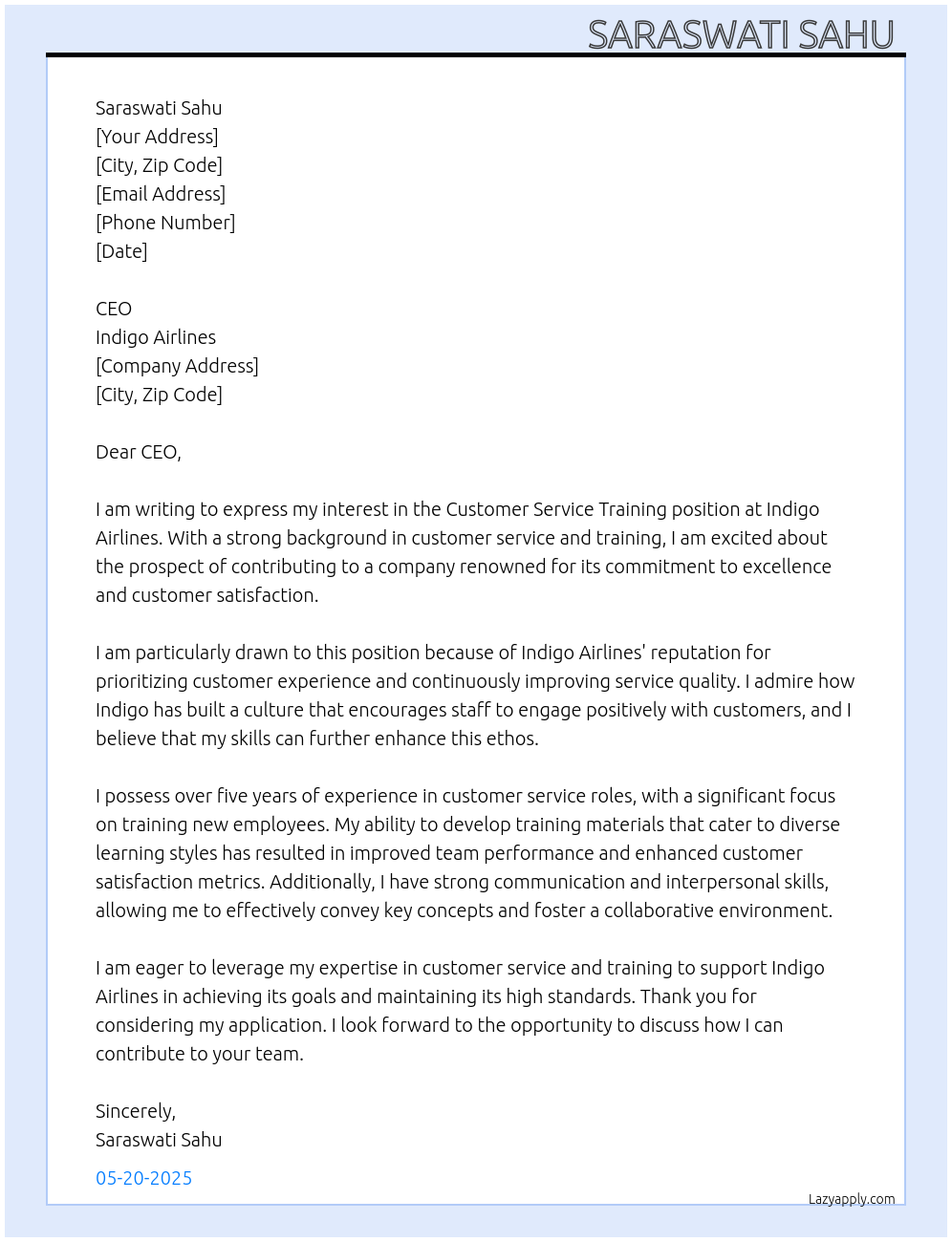 Customer service training  At Indigo airlines  Cover Letter