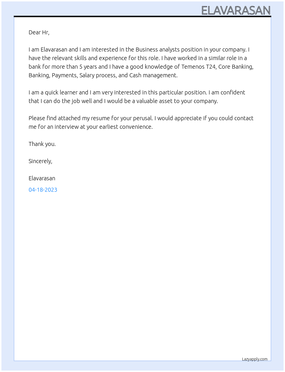 Business analysts At T24 Cover Letter