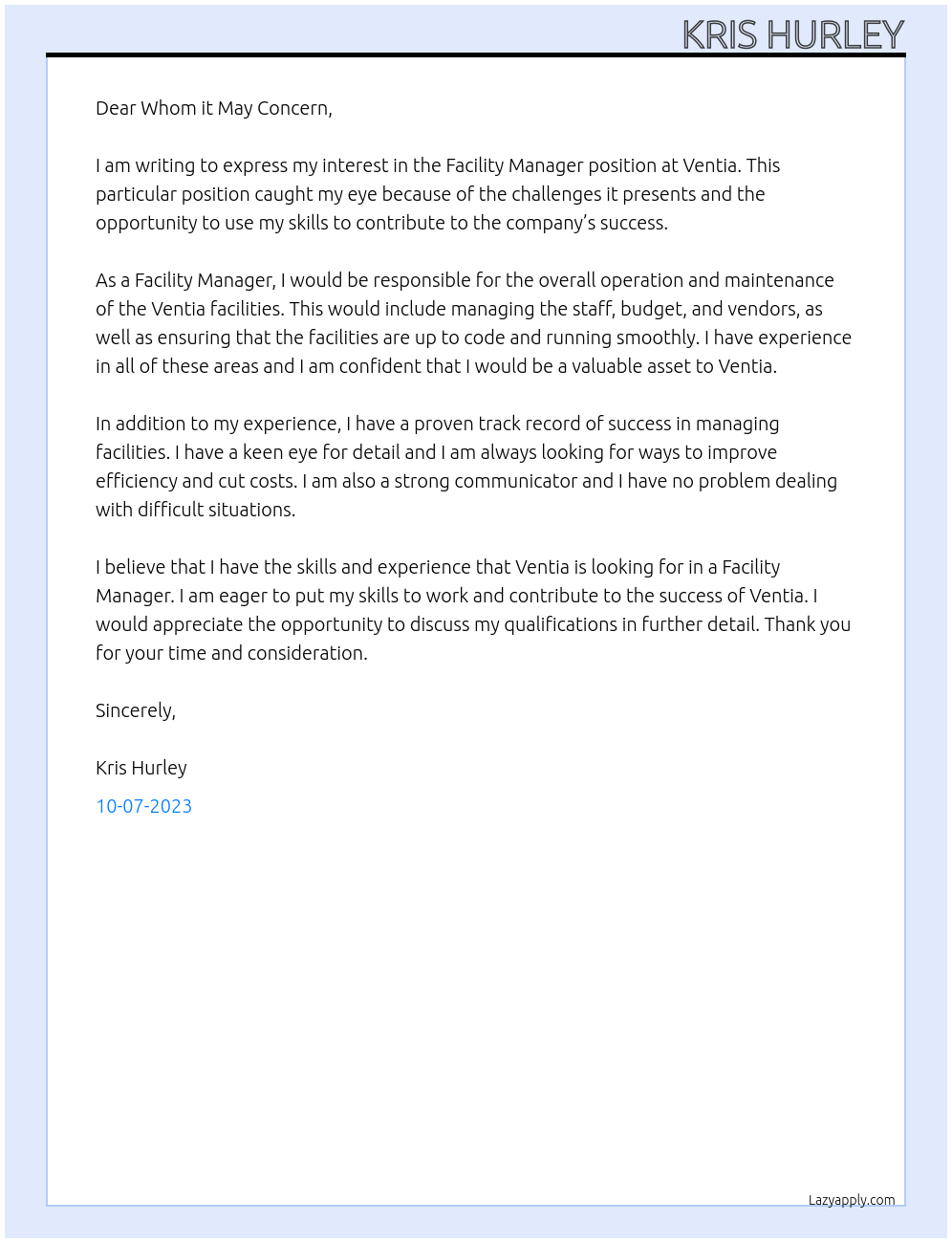 Facility Manager At Ventia Cover Letter